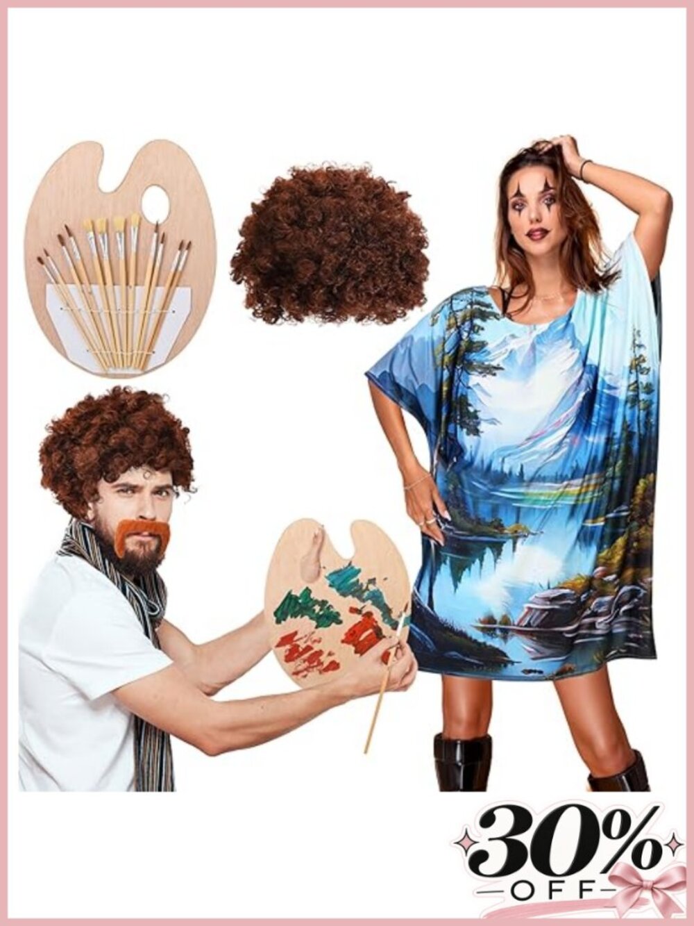 16 Pc 80s Painter Costume Set Couples Halloween Dress Wig Beard Brushes Palette